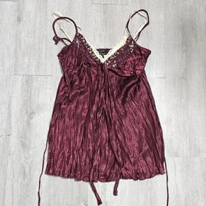 Vintage Y2K FANG Burgundy Layered Satin Babydoll Sequin Cami Tank Top